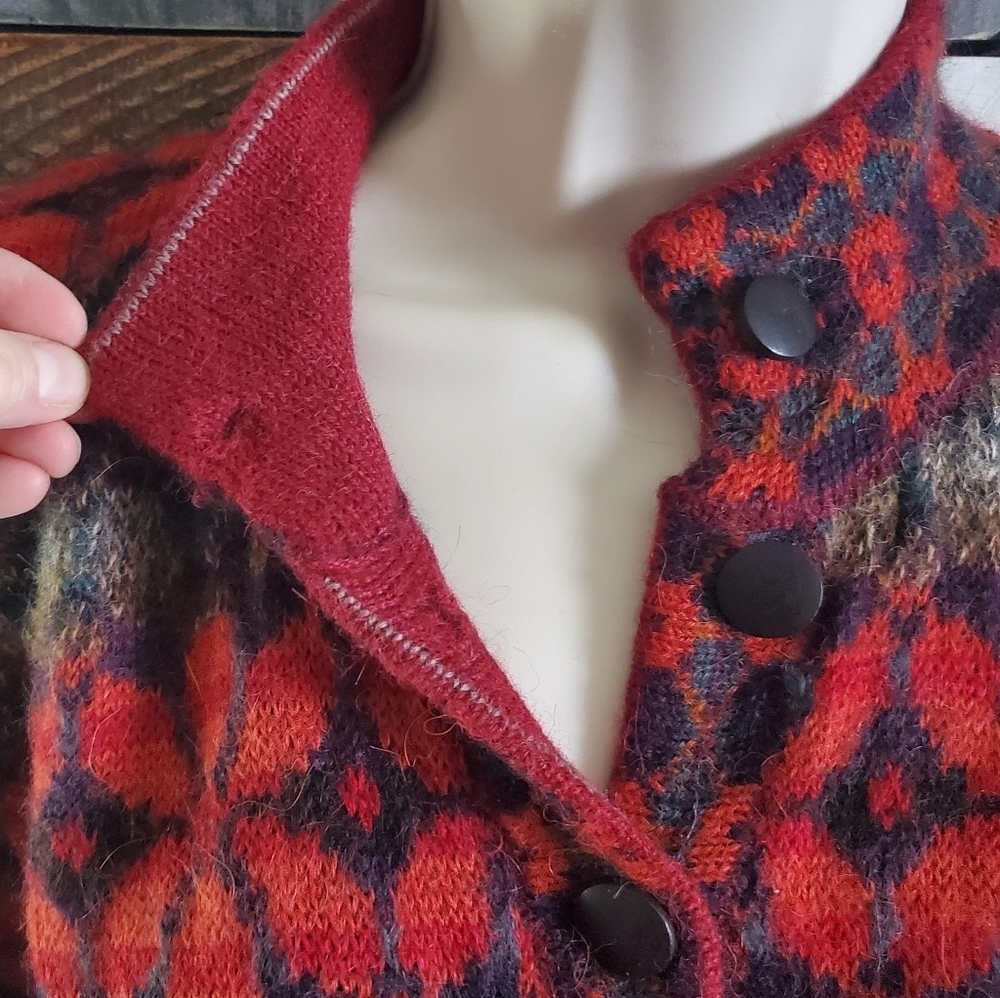 Intiwara Alpaca Burgandy Red Tan Handmade Cardigan Sweater Womens XL - Picture 4 of 12
